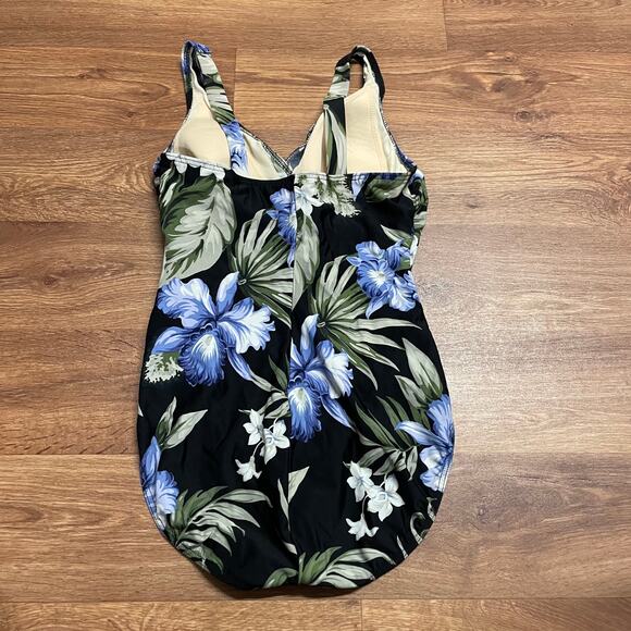 Lands End Womens Black Blue Green Floral Wrap Front One Piece Swim Suit Size 10 - Picture 2 of 8